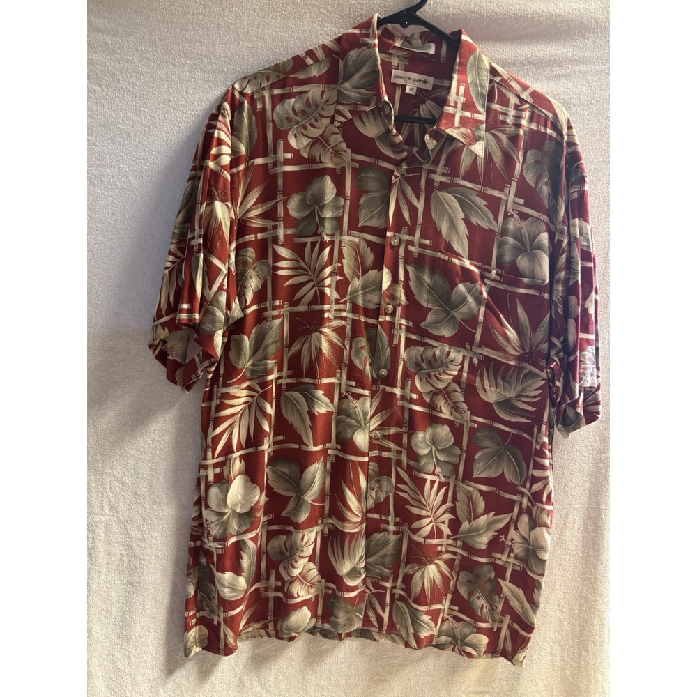 Pierre Cardin Hawaiian Shirt Mens Medium Red Beige Rayon Button Up Casual